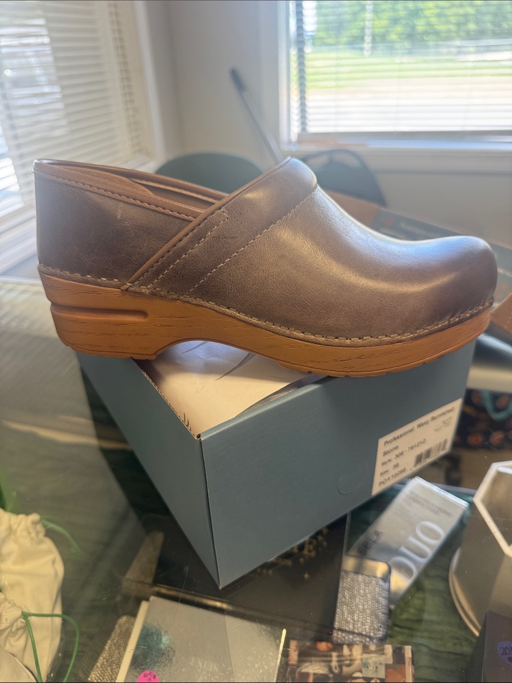 Dansko Brown Leather Slip-On Clog with Tan Wood-Look Sole